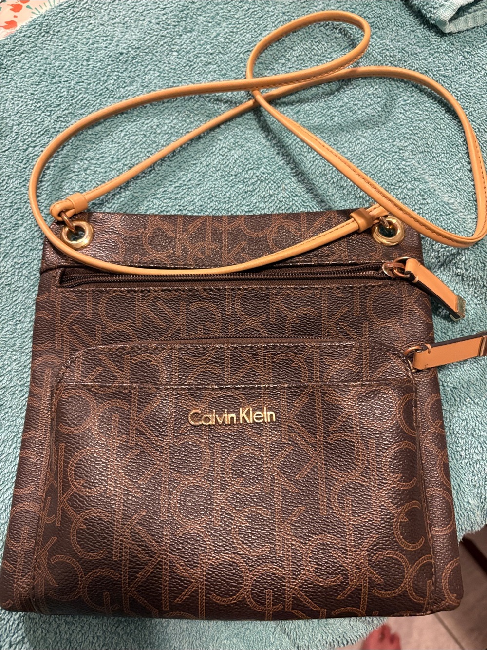 Calvin Klein Brown Monogram Crossbody Bag with Tan Strap used twice